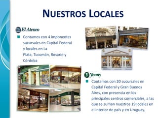 NUESTROS LOCALES
Contamos con 4 imponentes
sucursales en Capital Federal
y locales en La
Plata, Tucumán, Rosario y
Córdoba




                                Contamos con 20 sucursales en
                                Capital Federal y Gran Buenos
                                Aires, con presencia en los
                                principales centros comerciales, a las
                                que se suman nuestros 19 locales en
                                el interior de país y en Uruguay.
 