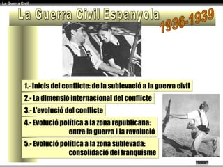 La Guerra Civil Espanyola 1936-1939 1.- Inicis del conflicte: de la sublevació a la guerra civil 2.- La dimensió internacional del conflicte 3.- L’evolució del conflicte 4.- Evolució política a la zona republicana:  entre la guerra i la revolució 5.- Evolució política a la zona sublevada: consolidació del franquisme 