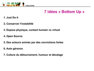 1. Just Do it
2. Conserver l’instabilité
3. Espace physique, contact humain vs virtuel
4. Open Source
5. Des acteurs animés par des convictions fortes
6. Auto gérance
7. Culture du détournement, humour et décalage
7 idées « Bottom Up »
 