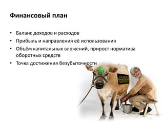 Финансовый план
• Баланс доходов и расходов
• Прибыль и направления её использования
• Объём капитальных вложений, прирост норматива
оборотных средств
• Точка достижения безубыточности
 