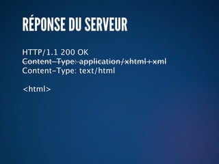 RÉPONSE DU SERVEUR
HTTP/1.1 200 OK
Content-Type: application/xhtml+xml
Content-Type: text/html

<html>
 