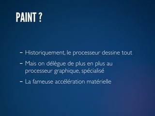 PAINT ?

- Historiquement, le processeur dessine tout
- Mais on délègue de plus en plus au
  processeur graphique, spécialisé
- La fameuse accélération matérielle
 