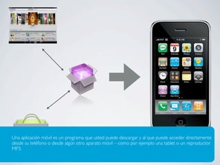 Una aplicación móvil es un programa que usted puede descargar y al que puede acceder directamente
desde su teléfono o desde algún otro aparato móvil – como por ejemplo una tablet o un reproductor
MP3.
 