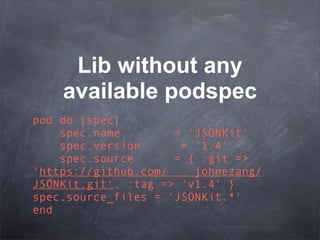 Lib without any
    available podspec
pod do |spec|
    spec.name        = 'JSONKit'
    spec.version      = '1.4'
    spec.source      = { :git =>
'https://github.com/    johnezang/
JSONKit.git', :tag => 'v1.4' }
spec.source_files = 'JSONKit.*'
end
 