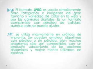 jpg: El formato JPEG es usado ampliamente
  para fotografías e imágenes de gran
  tamaño y variedad de color en la web y
  por las cámaras digitales. Es un formato
  comprimido con pérdida de calidad,
  aunque esta se puede ajustar.

.tiff: se utiliza masivamente en gráficos de
  imprenta. Se pueden emplear algoritmos
  con pérdida o sin pérdida, bien muchos
  programas sólo son compatibles con un
  pequeño subconjunto de las opciones
  disponibles y mayor mente utilizados en
  escáner.
 