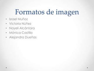 Formatos de imagen
•   Israel Muñoz
•   Victoria Núñez
•   Nayeli Alcántara
•   Mónica Castillo
•   Alejandra Dueñas
 