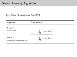 Generic Learning Algorithm


   14.b Table of algorithms. SMDPRL


    Algorithm                        Gain update

    SMART                                      t
    Das et al. 1999
                                                    r(si , π i (si ))
                                              i=0
                                     ρt+1 ←    t
    MAX-Q                                           c(si , π i (si ))
    Ghavamzadeh and Mahadevan 2001            i=0
 