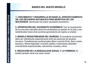 BASES DEL NUEVO MODELO

1. CRECIMIENTO Y DESARROLLO EN BASE AL APROVECHAMIENTO
DE LOS RECURSOS NATURALES PARA BENEFICIO DE LOS
BOLIVIANOS: Generación de mayor excedente económico.
2. APROPIACIÓN DEL EXCEDENTE ECONÓMICO: Con la recuperación
de los recursos naturales ahora los excedentes se quedan en el país y son
redistribuidos hacia otros sectores generadores de ingreso y empleo
3. MODELO REDISTRIBUIDOR DEL INGRESO: El excedente económico
debe ser redistribuido especialmente entre las personas de escasos
recursos. Transferencias condicionadas (Bono Juancito Pinto, Bono Juana
Azurduy y Renta Dignidad), inversión pública, incrementos salariales
inversamente proporcionales, subvención cruzada y otros.
4. REDUCCIÓN DE LA DESIGUALDAD SOCIAL Y LA POBREZA: El
modelo también tiene una visión social.

10

 