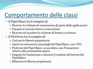 Comportamento delle classi
 Il PipeObject ha il compito di:
 Ricevere le richieste di connessione da parte delle applicazioni
 Passarle al corretto driver in esecuzione
 Ricevere ed accodare le richieste di lettura o scrittura
 Il PlcDriver ha il compito di:
 Caricare le librerie proprietarie
 Aprire le connessioni passategli dal PipeObject, con i PLC
 Prelevare dal PipeObject, se accodata, una Transazione
relativa alla connessione aperta
 Eseguire la Transazione e salvarne il risultato all’interno del
PipeObject
 Rilasciare le librerie proprietarie

 