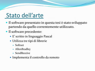 Stato dell’arte
 Il software presentato in questa tesi è stato sviluppato

partendo da quello correntemente utilizzato.
 Il software precedente:
 E’ scritto in linguaggio Pascal

 Utilizza tre tipi di librerie




Softnet
AllenBradley
SendReceive

 Implementa il controllo da remoto

 