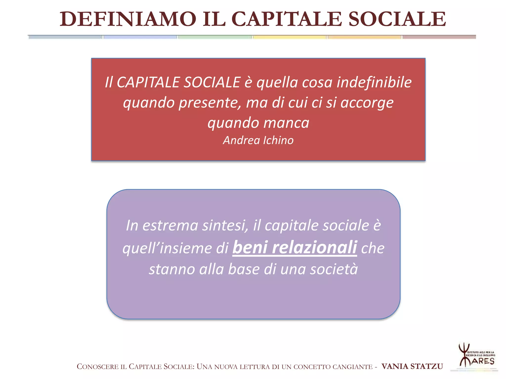 DEFINIAMO IL CAPITALE SOCIALE
Il CAPITALE SOCIALE è quella cosa indefinibile
quando presente, ma di cui ci si accorge
quando manca
Andrea Ichino

In estrema sintesi, il capitale sociale è
quell’insieme di beni relazionali che
stanno alla base di una società

CONOSCERE IL CAPITALE SOCIALE: UNA NUOVA LETTURA DI UN CONCETTO CANGIANTE - VANIA STATZU

 