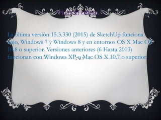 PLATAFORMA
La última versión 15.3.330 (2015) de SketchUp funciona
bajo, Windows 7 y Windows 8 y en entornos OS X Mac OS
10.8 o superior. Versiones anteriores (6 Hasta 2013)
funcionan con Windows XP o Mac OS X 10.7 o superior
 