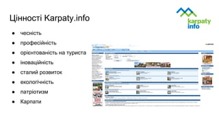 Цінності Karpaty.info
● чесність
● професійність
● орієнтованість на туриста
● іноваційність
● сталий розвиток
● екологічність
● патріотизм
● Карпати
 