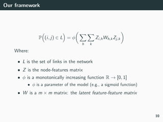 Our framework
P (i, j) ∈ L = φ
h k
Zi,hWh,kZj,k
Where:
• L is the set of links in the network
• Z is the node-features mat...