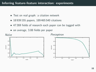 Inferring feature-feature interaction: experiments
• Test on real graph: a citation network
• 18 939 155 papers, 189 465 5...