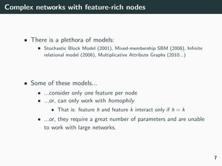Modeling and mining complex networks with feature-rich nodes.