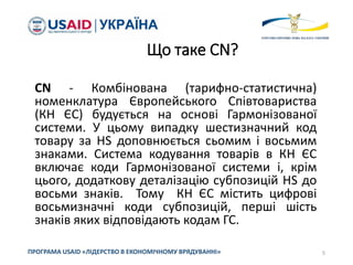 Що таке CN?
CN - Комбінована (тарифно-статистична)
номенклатура Європейського Співтовариства
(КН ЄС) будується на основі Гармонізованої
системи. У цьому випадку шестизначний код
товару за HS доповнюється сьомим і восьмим
знаками. Система кодування товарів в КН ЄС
включає коди Гармонізованої системи і, крім
цього, додаткову деталізацію субпозицій HS до
восьми знаків. Тому КН ЄС містить цифрові
восьмизначні коди субпозицій, перші шість
знаків яких відповідають кодам ГС.
5ПРОГРАМА USAID «ЛІДЕРСТВО В ЕКОНОМІЧНОМУ ВРЯДУВАННІ»
 