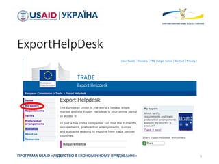ExportHelpDesk
9ПРОГРАМА USAID «ЛІДЕРСТВО В ЕКОНОМІЧНОМУ ВРЯДУВАННІ»
 