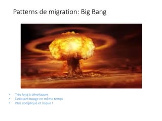 Patterns de migration: Big Bang
• Très long à développer
• L’existant bouge en même temps
• Plus compliqué et risqué !
 
