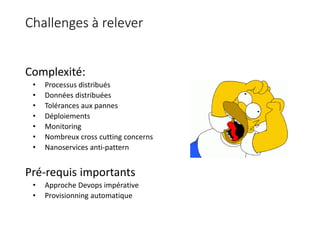 Challenges à relever
Complexité:
• Processus distribués
• Données distribuées
• Tolérances aux pannes
• Déploiements
• Monitoring
• Nombreux cross cutting concerns
• Nanoservices anti-pattern
Pré-requis importants
• Approche Devops impérative
• Provisionning automatique
 