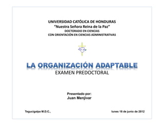 UNIVERSIDAD CATÓLICA DE HONDURAS
“Nuestra Señora Reina de la Paz”
DOCTORADO EN CIENCIAS
CON ORIENTACIÓN EN CIENCIAS ADMINISTRATIVAS
EXAMEN PREDOCTORAL
Catedrática:
Dr.
Presentado por:
Juan Menjivar
Tegucigalpa M.D.C., lunes 18 de junio de 2012
 