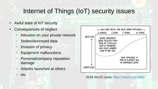 Internet of Things (IoT) security issues
●
Awful state of IoT security
●
Consequences of neglect
– Intrusion on your private network
– Stolen/destroyed data
– Invasion of privacy
– Equipment malfunctions
– Personal/company reputation
damage
– Attacks launched at others
– etc
2018 XKCD comic https://xkcd.com/1966/
 