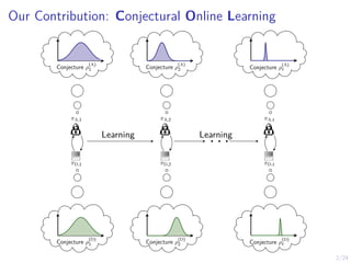 2/24
Our Contribution: Conjectural Online Learning
πA,1
πD,1
Conjecture ρ
(A)
1
Conjecture ρ
(D)
1
πA,2
πD,2
Conjecture ρ
(A)
2
Conjecture ρ
(D)
2
. . .
πA,t
πD,t
Conjecture ρ
(A)
t
Conjecture ρ
(D)
t
Learning Learning
 