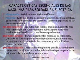 CARACTERISTICAS ESCENCIALES DE LAS
MAQUINAS PARA SOLDADURA ELECTRICA
 Alimentación: Podrá ser monofásica o trifásica.
 Amperaje: Es la intensidad de corriente convertida en temperatura,
que derrite los materiales. De acuerdo al tamaño y capacidad de las
maquinas tenemos:
30-200 amperios –Para soldadura liviana- mediana. Excelente para
toda la fabricación y suficientemente robusta para operación
continua en trabajo liviano o mediano de producción.
250-300 amperios –Para requerimientos normales de soldadura.
Utilizada en fábricas para trabajo de producción, mantenimiento,
reparación, trabajo en sala de herramientas, y toda soldadura
general de taller.
400-600 amperios –Para soldadura grande y pesada. Especialmente
buena para trabajos estructurales, fabricación de partes pesadas de
máquina, tubería y soldadura en tanques.
T.S. EUDAL FERRUFINO
 