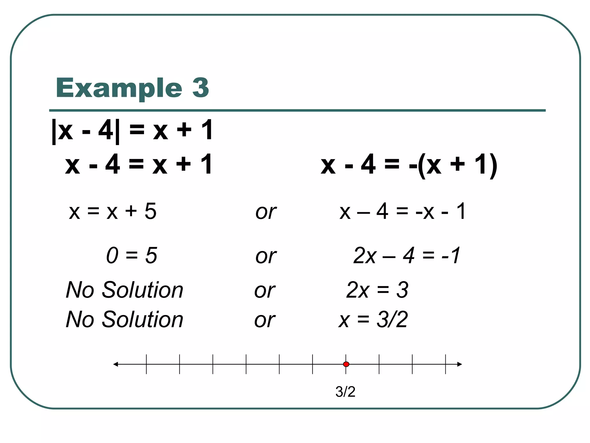 Example 3 |x - 4| = x + 1   x = x + 5   or   x – 4 = -x - 1 0 = 5   or   2x – 4 = -1 x - 4 = x + 1 x - 4 = -(x + 1) No Solution or   2x = 3 No Solution or   x = 3/2  3/2 