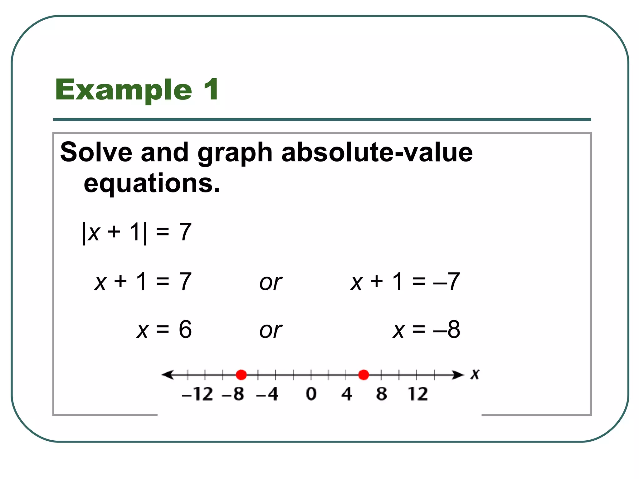 Example 1 Solve and graph absolute-value equations. | x  + 1| = 7 1.8 Solving Absolute-Value Equations and Inequalities x  + 1 = 7 or x  + 1 = –7 x  = 6 or x  = –8 