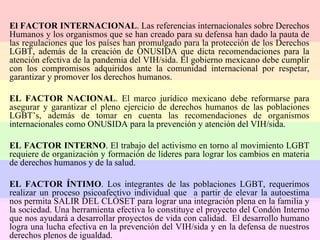 El FACTOR INTERNACIONAL . Las referencias internacionales sobre Derechos Humanos y los organismos que se han creado para su defensa han dado la pauta de las regulaciones que los países han promulgado para la protección de los Derechos LGBT, además de la creación de ONUSIDA que dicta recomendaciones para la atención efectiva de la pandemia del VIH/sida. El gobierno mexicano debe cumplir con los compromisos adquiridos ante la comunidad internacional por respetar, garantizar y promover los derechos humanos. EL FACTOR NACIONAL . El marco jurídico mexicano debe reformarse para asegurar y garantizar el pleno ejercicio de derechos humanos de las poblaciones LGBT’s, además de tomar en cuenta las recomendaciones de organismos internacionales como ONUSIDA para la prevención y atención del VIH/sida. EL FACTOR INTERNO . El trabajo del activismo en torno al movimiento LGBT requiere de organización y formación de líderes para lograr los cambios en materia de derechos humanos y de la salud. EL FACTOR ÍNTIMO . Los integrantes de las poblaciones LGBT, requerimos realizar un proceso psicoafectivo individual que  a partir de elevar la autoestima nos permita SALIR DEL CLÓSET para lograr una integración plena en la familia y la sociedad. Una herramienta efectiva lo constituye el proyecto del Condón Interno que nos ayudará a desarrollar proyectos de vida con calidad.  El desarrollo humano logra una lucha efectiva en la prevención del VIH/sida y en la defensa de nuestros derechos plenos de igualdad.  