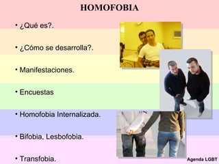 HOMOFOBIA ¿Qué es?. ¿Cómo se desarrolla?. Manifestaciones. Encuestas Homofobia Internalizada. Bifobia, Lesbofobia. Transfobia. Agenda LGBT 