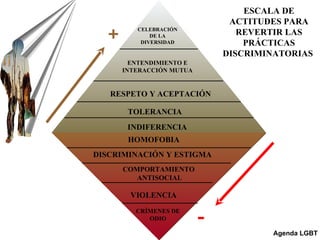 INDIFERENCIA   TOLERANCIA   RESPETO Y ACEPTACIÓN   ENTENDIMIENTO E  INTERACCIÓN MUTUA   CELEBRACIÓN  DE LA  DIVERSIDAD   HOMOFOBIA DISCRIMINACIÓN Y ESTIGMA COMPORTAMIENTO  ANTISOCIAL VIOLENCIA CRÍMENES DE  ODIO  ESCALA DE ACTITUDES PARA REVERTIR LAS PRÁCTICAS DISCRIMINATORIAS   + - Agenda LGBT 