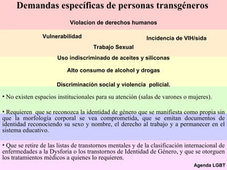Demandas específicas de personas transgéneros   No existen espacios institucionales para su atención (salas de varones o mujeres). Requieren  que se reconozca la identidad de género que se manifiesta como propia sin que la morfología corporal se vea comprometida, que se emitan documentos de identidad reconociendo su sexo y nombre, el derecho al trabajo y a permanecer en el sistema educativo. Que se retire de las listas de transtornos mentales y de la clasificación internacional de enfermedades a la Dysforia o los transtornos de Identidad de Género, y que se otorguen los tratamientos médicos a quienes lo requieren.  Violacion de derechos humanos Vulnerabilidad Incidencia de VIH/sida Trabajo Sexual Uso indiscriminado de aceites y siliconas Alto consumo de alcohol y drogas Discriminación social y violencia  policial. Agenda LGBT 