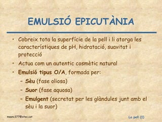EMULSIÓ EPICUTÀNIA Cobreix tota la superfície de la pell i li atorga les característiques de pH, hidratació, suavitat i protecció Actua com un autentic cosmètic natural Emulsió tipus O/A , formada per: Sèu  (fase oliosa) Suor  (fase aquosa) Emulgent  (secretat per les glàndules junt amb el sèu i la suor) 