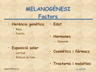 MELANOGÈNESI Factors Herència genètica Raça Família Exposició solar Latitud Estació de l’any Edat Hormones Embaràs Cosmètics i fàrmacs Trastorns i malalties 