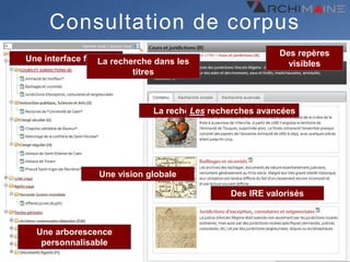 Consultation de corpus
                                                         Des repères
Une interface fluide recherche dans les
                  La                                       visibles
                         titres



                              La rechercherecherches avancées
                                      Les simple




                 Une vision globale

                                              Des IRE valorisés



  Une arborescence
   personnalisable
 