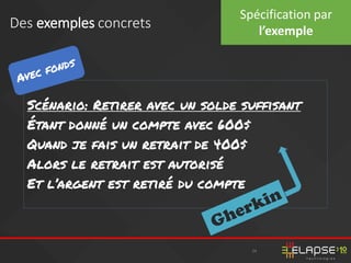 24
Des exemples concrets
Spécification par
l’exemple
Scénario: Retirer avec un solde suffisant
Étant donné un compte avec 600$
Quand je fais un retrait de 400$
Alors le retrait est autorisé
Et l’argent est retiré du compte
 