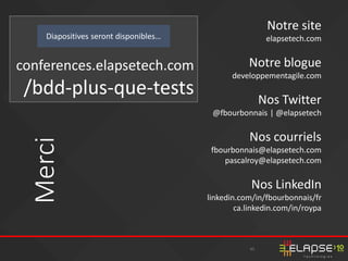 43
Merci
Notre site
elapsetech.com
Notre blogue
developpementagile.com
Nos Twitter
@fbourbonnais | @elapsetech
Nos courriels
fbourbonnais@elapsetech.com
pascalroy@elapsetech.com
Nos LinkedIn
linkedin.com/in/fbourbonnais/fr
ca.linkedin.com/in/roypa
conferences.elapsetech.com
/bdd-plus-que-tests
Diapositives seront disponibles…
 