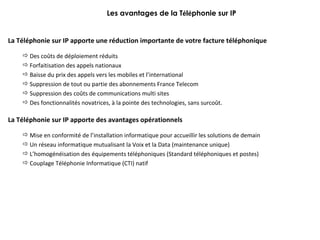 Les avantages de la T é l é phonie sur IP La Téléphonie sur IP apporte une réduction importante de votre facture téléphonique Des coûts de déploiement réduits Forfaitisation des appels nationaux Baisse du prix des appels vers les mobiles et l’international Suppression de tout ou partie des abonnements France Telecom Suppression des coûts de communications multi sites Des fonctionnalités novatrices, à la pointe des technologies, sans surcoût. La Téléphonie sur IP apporte des avantages opérationnels Mise en conformité de l’installation informatique pour accueillir les solutions de demain Un réseau informatique mutualisant la Voix et la Data (maintenance unique) L’homogénéisation des équipements téléphoniques (Standard téléphoniques et postes) Couplage Téléphonie Informatique (CTI) natif 