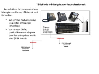 iPCentrex Téléphonie IP hébergée pour les professionnels sur serveur mutualisé pour les petites entreprises (iPCentrex)  sur serveur dédié, particulièrement adaptée pour les entreprises multi-sites (iPBX Hosté).  Les solutions de communications hébergées de Connect Network sont disponibles iPBX Hébergé sur serveur Mutualisé iPBX Hébergé sur serveur dédié iPBX Hosté  