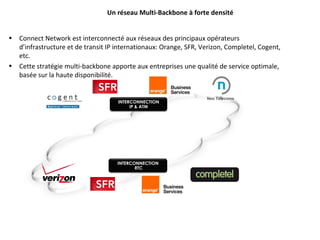 Un réseau Multi-Backbone à forte densité Connect Network est interconnecté aux réseaux des principaux opérateurs d’infrastructure et de transit IP internationaux: Orange, SFR, Verizon, Completel, Cogent, etc. Cette stratégie multi-backbone apporte aux entreprises une qualité de service optimale, basée sur la haute disponibilité. INTERCONNECTION RTC INTERCONNECTION IP & ATM Neo Telecoms 
