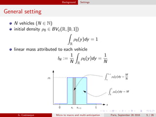 Background Settings
General setting
N vehicles (N ∈ N)
initial density ρ0 ∈ BVc(R, [0, 1])
R
ρ0(y)dy = 1
linear mass attributed to each vehicle
lN :=
1
N R
ρ0(y)dy =
1
N
xi+1
ρ0
xi
1
0
ρ0(y)dy = M
xi+1
xi
ρ0(y)dy =
M
N
x
0 1
G. Costeseque Micro to macro and multi-anticipation Paris, September 28 2016 5 / 26
 
