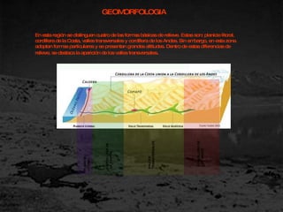 En esta región se distinguen cuatro de las formas básicas de relieve. Estas son: planicie litoral, cordillera de la Costa, valles transversales y cordillera de los Andes. Sin embargo, en esta zona adoptan formas particulares y se presentan grandes altitudes. Dentro de estas diferencias de relieve, se destaca la aparición de los valles transversales . PLANICIE LITORAL CORDILLERA DE LA COSTAL VALLES TRANSVERSALES CORDILLERA DE LOS ANDES GEOMORFOLOGIA 