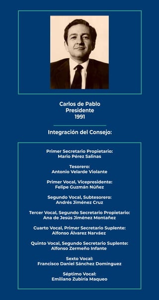 Carlos de Pablo
Presidente
1991
Integración del Consejo:
Primer Secretario Propietario:
Mario Pérez Salinas
Tesorero:
Anto...