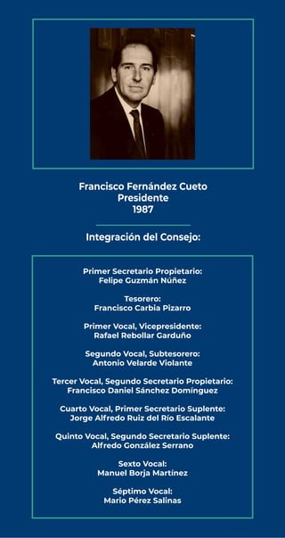 Francisco Fernández Cueto
Presidente
1987
Integración del Consejo:
Primer Secretario Propietario:
Felipe Guzmán Núñez
Teso...