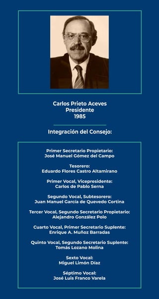 Carlos Prieto Aceves
Presidente
1985
Integración del Consejo:
Primer Secretario Propietario:
José Manuel Gómez del Campo
T...