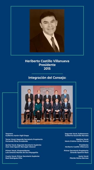 Heriberto Castillo Villanueva
Presidente
2015
Integración del Consejo:
Tesorero:
Guillermo Aarón Vigil Chapa
Tercer Vocal,...