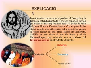 EXPLICACIÓNLos Apóstoles comenzaron a predicar el Evangelio y la Iglesia se extendió por todo el mundo conocido, siendo las ciudades más importantes desde el punto de vista religioso, Roma y Constantinopla. Con el paso de los siglos, debido a las diferencias culturales de los países, se podía hablar de una única Iglesia de Jesucristo, dividida en dos ritos: el rito de Roma y el de Constantinopla, que coincidía con al división del Imperio romano en Occidente y Oriente.CatólicosCristianosOrtodoxosProtestantes
