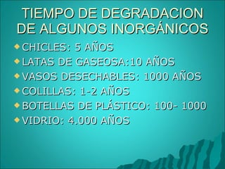TIEMPO DE DEGRADACION DE ALGUNOS INORGÁNICOS CHICLES: 5 AÑOS LATAS DE GASEOSA:10 AÑOS VASOS DESECHABLES: 1000 AÑOS COLILLAS: 1-2 AÑOS BOTELLAS DE PLÁSTICO: 100- 1000 VIDRIO: 4.000 AÑOS 